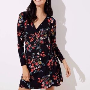 LOFT Black Floral Wrap Dress with Multicolor Blooms
